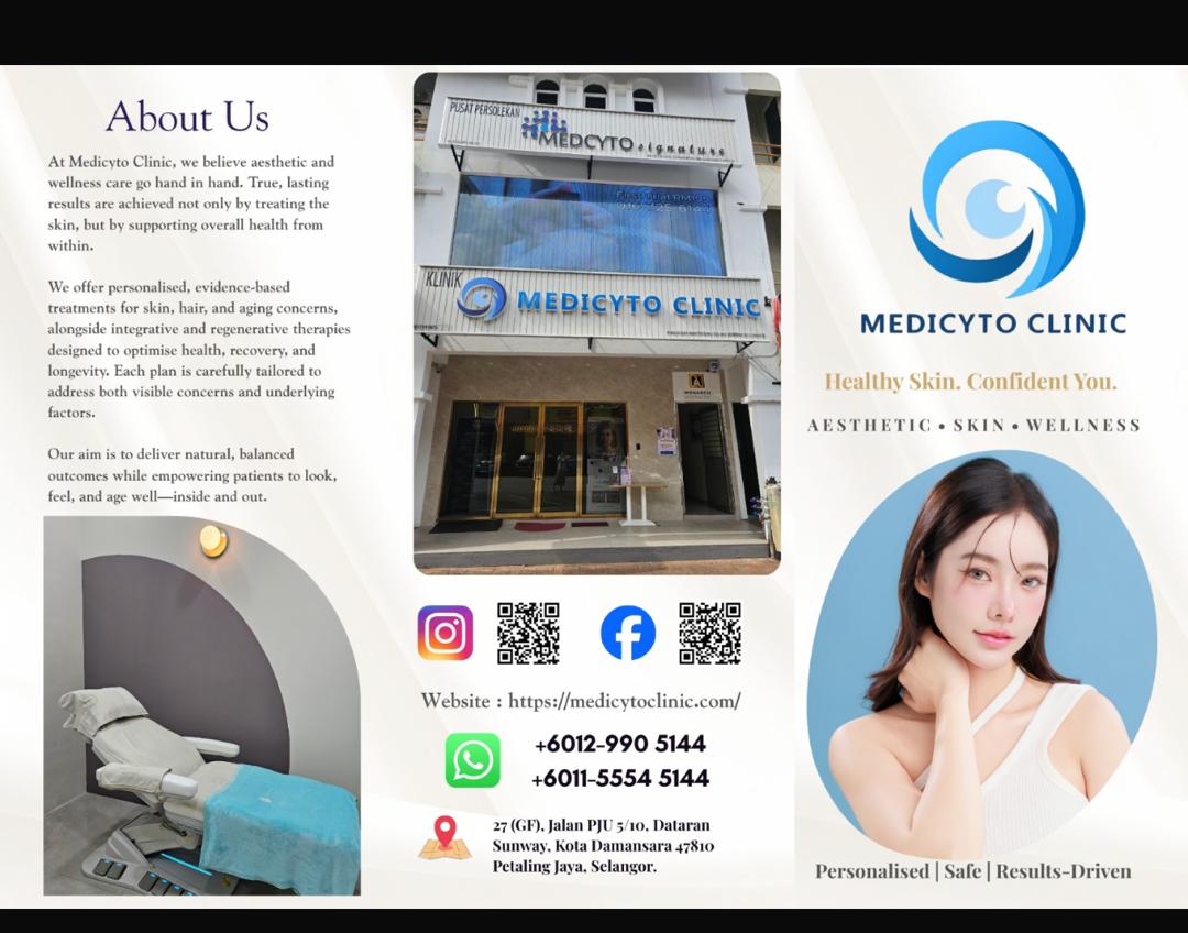 Medicyto Clinic introduction brochure showing the clinic and its aesthetic, skin and wellness focus