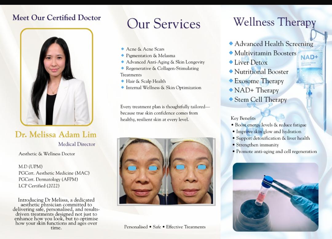 Medicyto Clinic wellness therapy brochure featuring Dr. Melissa Adam Lim and health screening services